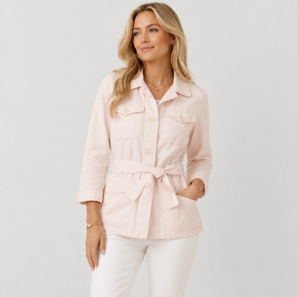 LRL Ralph Lauren Safari Utility Jacket Womens M Blush Pink Belted Cotton Linen